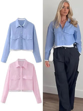 Women’s Crop Oxford Shirt – Long Sleeve, Lapel & Pocket Design